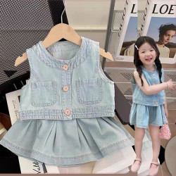 女童套裝2025夏季新款兒童時髦背心半身裙兩件套寶寶洋氣牛仔衣服