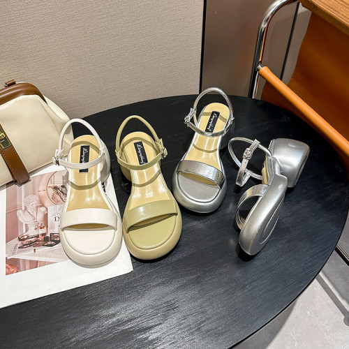 真皮~輕便巨舒適涼鞋女夏季2024年新款露趾仙女風粗跟厚底羅馬鞋