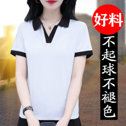 爆款冰絲女士t恤短袖夏季V領中年媽媽POLO薄款寬松大碼薄上衣
