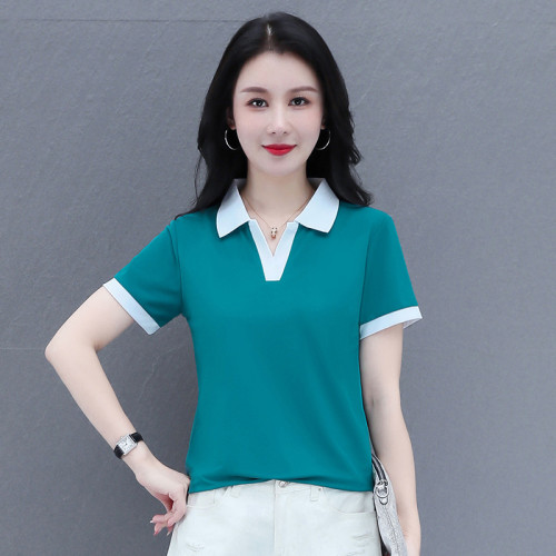 爆款冰絲女士t恤短袖夏季V領中年媽媽POLO薄款寬松大碼薄上衣