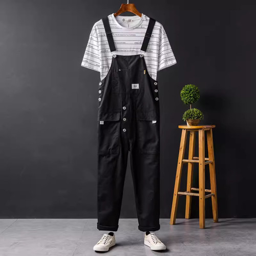 管家背帶褲連體褲多口袋情侶吊帶褲直筒工作服男寬松工作褲青年