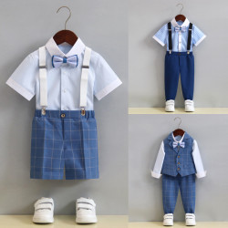 男童馬甲套裝夏短袖背帶褲中大童演出服兒童演講寶寶周嵗花童禮服