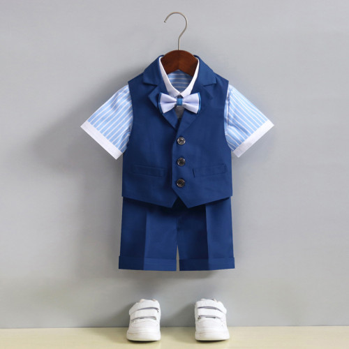 男童馬甲套裝夏短袖背帶褲中大童演出服兒童演講寶寶周嵗花童禮服