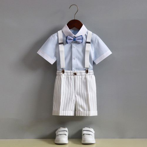 男童馬甲套裝夏短袖背帶褲中大童演出服兒童演講寶寶周嵗花童禮服
