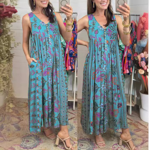 2024夏季新款歐美女裝獨立站復古印花寬松無袖連衣褲