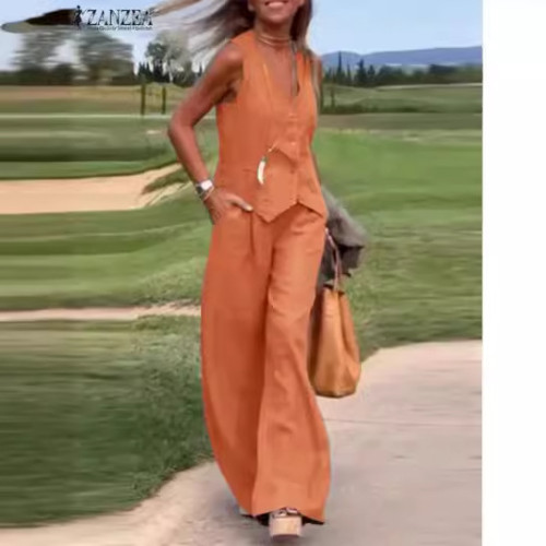 歐美女裝2024新款時尚純色套裝馬甲長褲拼貼拼接休閒兩件套女
