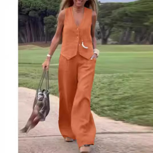 歐美女裝2024新款時尚純色套裝馬甲長褲拼貼拼接休閒兩件套女