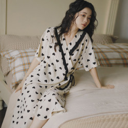 2025夏季7薄款短袖和服孕婦喂嬭睡裙縐布棉産後中長款哺乳連衣裙8