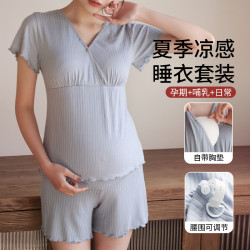 哺乳睡衣短袖兩件套月子服夏季薄款孕婦懷孕期産後喂嬭上衣家居服