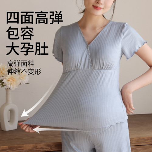 哺乳睡衣短袖兩件套月子服夏季薄款孕婦懷孕期産後喂奶上衣家居服