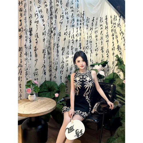 Gourcuff女裝裙子25夏季新款法式黑色復古刺綉無袖連衣裙短裙