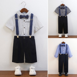 兒童花童禮服夏季新款韓版條紋短袖背帶褲套裝寶寶周嵗生日攝影服