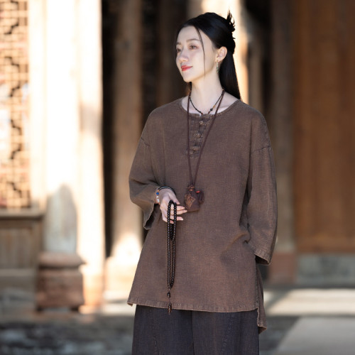 25春棉麻女裝新款復古中式圓領縫線盤釦襯衫上衣女式禪意打坐大T