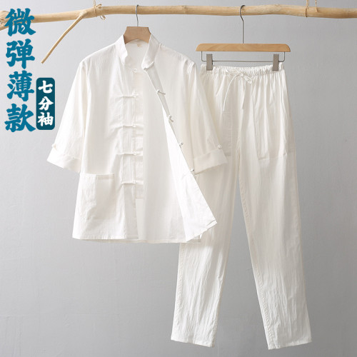 唐裝男夏季薄款七分袖套裝兩件套風中式復古男裝盤釦漢服茶服