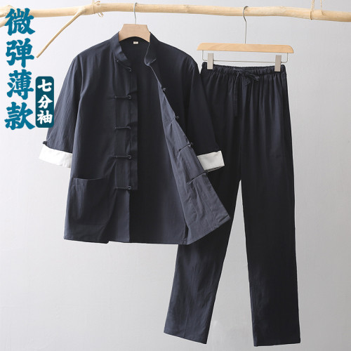 唐裝男夏季薄款七分袖套裝兩件套風中式復古男裝盤釦漢服茶服