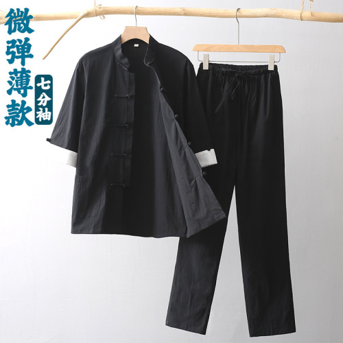 唐裝男夏季薄款七分袖套裝兩件套風中式復古男裝盤釦漢服茶服