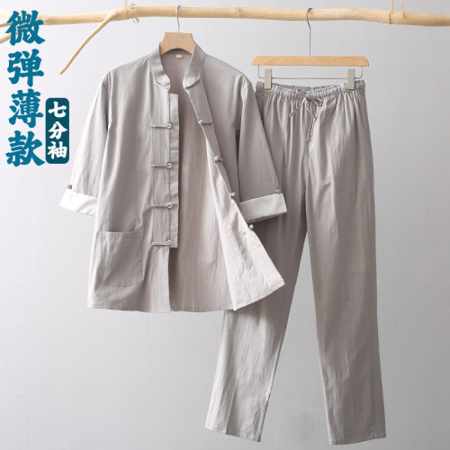 唐裝男夏季薄款七分袖套裝兩件套風中式復古男裝盤釦漢服茶服