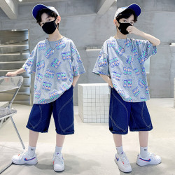 男童夏季薄款短袖套裝2025新款洋氣時髦中大童休閒運動圓領二件套