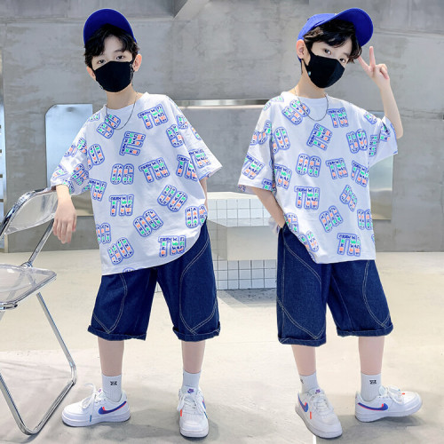 男童夏季薄款短袖套裝2025新款洋氣時髦中大童休閒運動圓領二件套