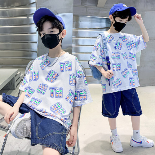 男童夏季薄款短袖套裝2025新款洋氣時髦中大童休閒運動圓領二件套
