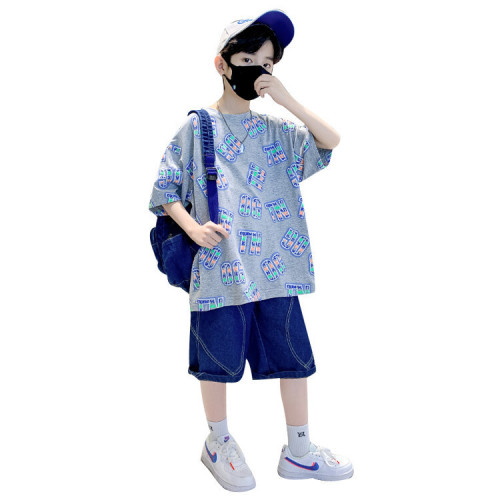 男童夏季薄款短袖套裝2025新款洋氣時髦中大童休閒運動圓領二件套