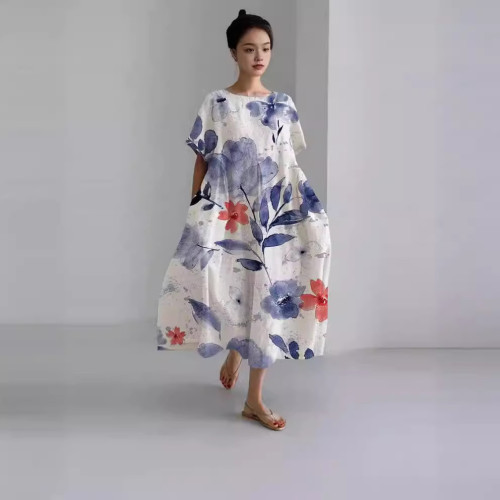 2024夏季新款歐美女裝寬松圓領時尚氣質印花連衣裙