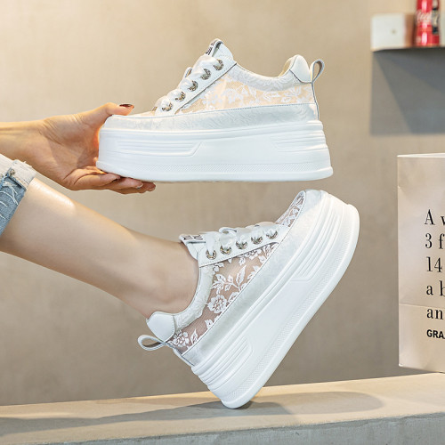 2024年夏季薄款厚底松糕內增高8cm蕾絲鏤空網紗小白鞋女休閒網鞋 2024年夏季薄款厚底松糕內增高8cm蕾絲鏤空網紗小白鞋女休閒網鞋