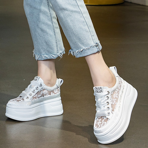 2024年夏季薄款厚底松糕內增高8cm蕾絲鏤空網紗小白鞋女休閒網鞋 2024年夏季薄款厚底松糕內增高8cm蕾絲鏤空網紗小白鞋女休閒網鞋