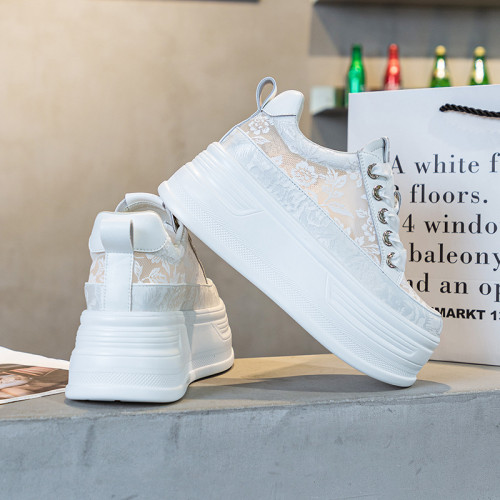 2024年夏季薄款厚底松糕內增高8cm蕾絲鏤空網紗小白鞋女休閒網鞋 2024年夏季薄款厚底松糕內增高8cm蕾絲鏤空網紗小白鞋女休閒網鞋