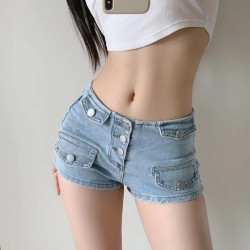 美式辣妹淺色工裝牛仔短褲女夏季薄小個子性感低腰顯瘦濶腿熱褲子