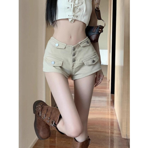 美式辣妹淺色工裝牛仔短褲女夏季薄小個子性感低腰顯瘦濶腿熱褲子
