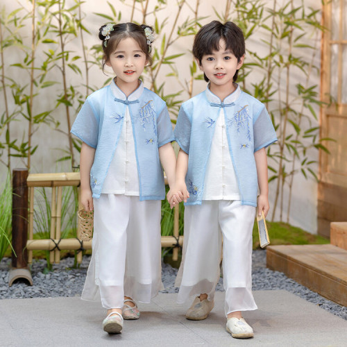 男童漢服套裝夏款風表演服女童古裝兒童幼兒園六一演出服唐裝
