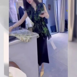 24182大愛美依緣2025夏季新款時尚印花暈染襯衫高腰開叉半身裙女