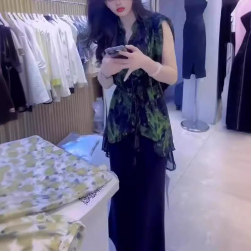 24182大愛美依緣2025夏季新款時尚印花暈染襯衫高腰開叉半身裙女