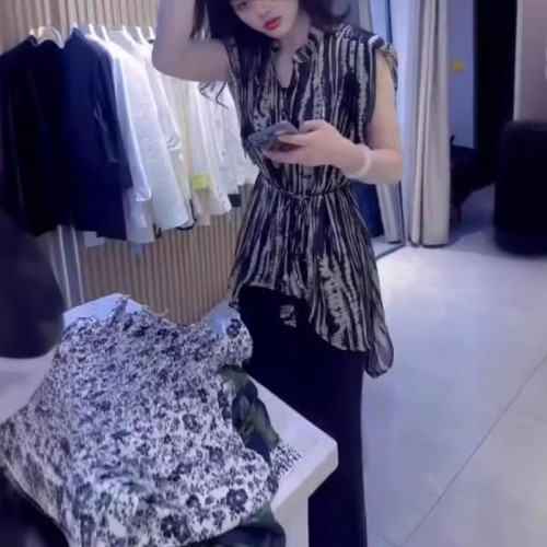 24182大愛美依緣2025夏季新款時尚印花暈染襯衫高腰開叉半身裙女