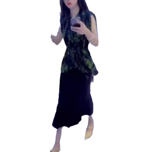24182大愛美依緣2025夏季新款時尚印花暈染襯衫高腰開叉半身裙女