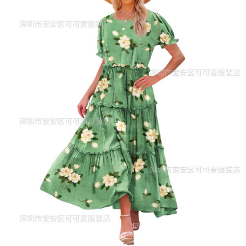 2024新款春夏歐美女裝泡泡袖碎花時尚顯瘦褶皺長款印花連衣裙