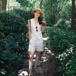 無袖棉麻亞麻套裝女高級夏裝冷淡風高級感馬甲背心休閒短褲兩件套