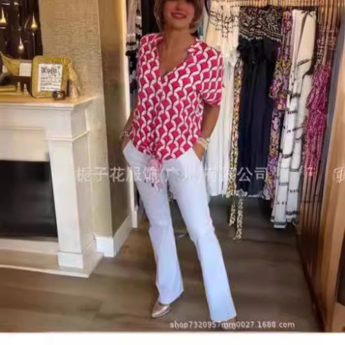 歐美女士襯衫獨立站女裝夏季V領時尚優雅印花襯衫