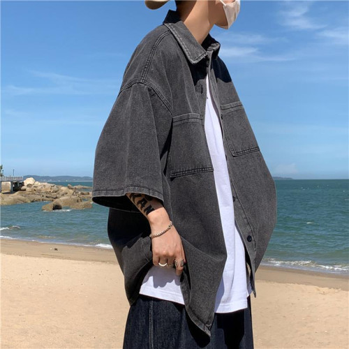 牛仔短袖襯衫男夏季薄款港風七分袖襯衣外套