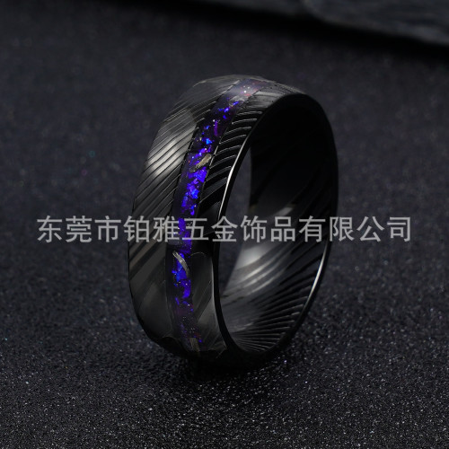 歐美電黑不鏽鋼戒指8mm 腐蝕大馬鋼捶紋鑲銀河藍碎石個性