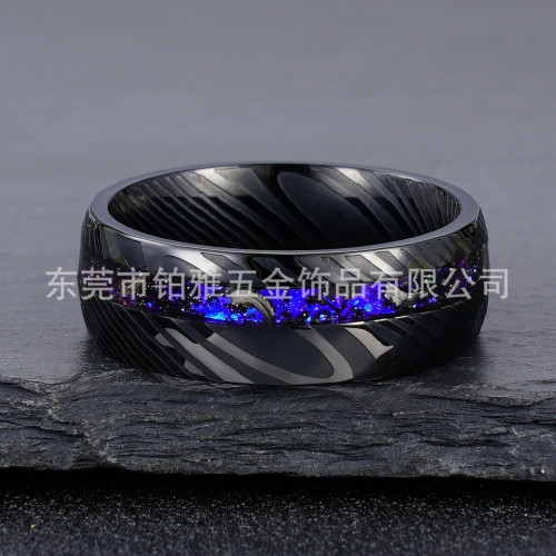 歐美電黑不鏽鋼戒指8mm 腐蝕大馬鋼捶紋鑲銀河藍碎石個性