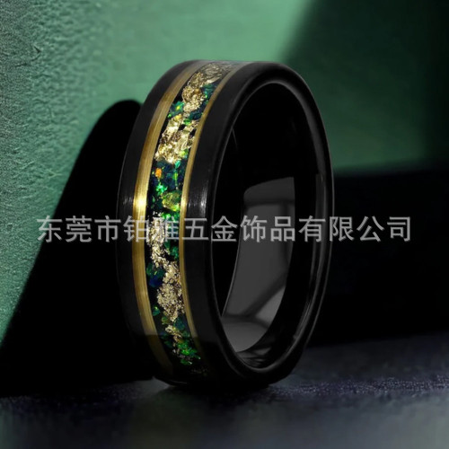 歐美 復古8mm電黑玫瑰金鎢鋼戒指 鑲綠色碎石金箔