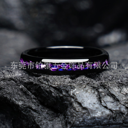 夏季新品浪漫結婚戒指4mm電鍍黑色鎢鋼鑲嵌紫色碎石女士禮物