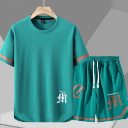 休閒運動套裝男夏季珠地短袖大碼男潮牌半袖短褲加肥加大兩件套