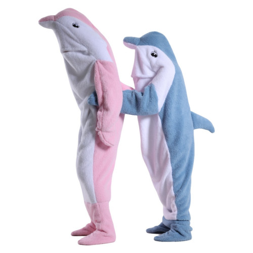 新款鯊魚睡袋穿毯子卡通動物連體衣法蘭絨男女家居服海豚睡衣