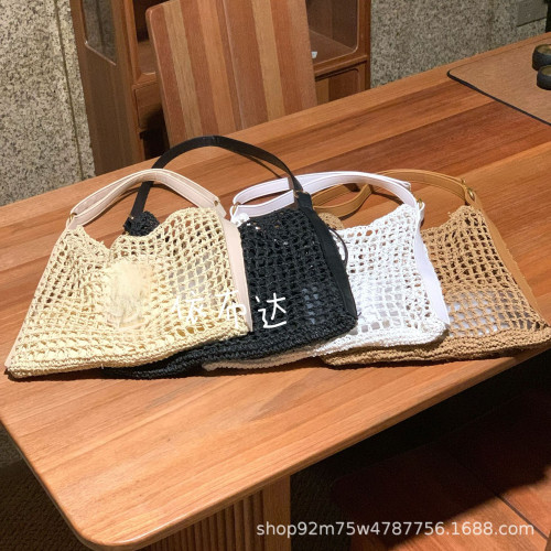 簡約鏤空紙草編織包時尚字母pu單肩包手工編織斜後背包百搭女包