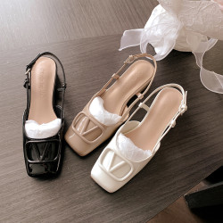 同款黛爾公主~方頭V釦包頭後空裸粉色平底涼鞋女通勤鞋