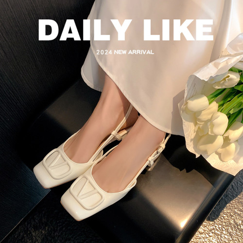 同款黛爾公主~方頭V釦包頭後空裸粉色平底涼鞋女通勤鞋