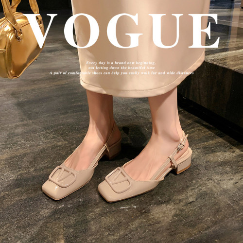 同款黛爾公主~方頭V釦包頭後空裸粉色平底涼鞋女通勤鞋